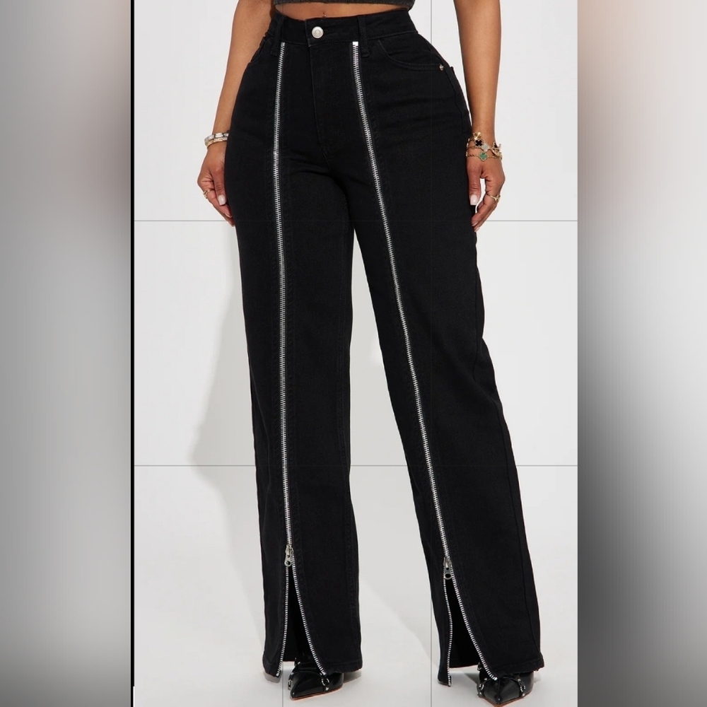 Black Denim Zipper Pants